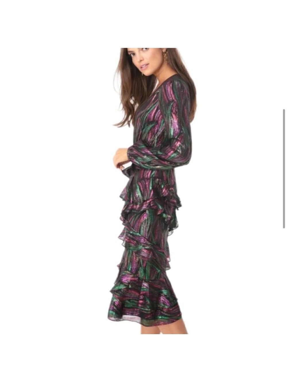 NEW Saloni Alya Black Rainbow Oilspill Silk Metallic Midi Dress Size 4 - Picture 7 of 16